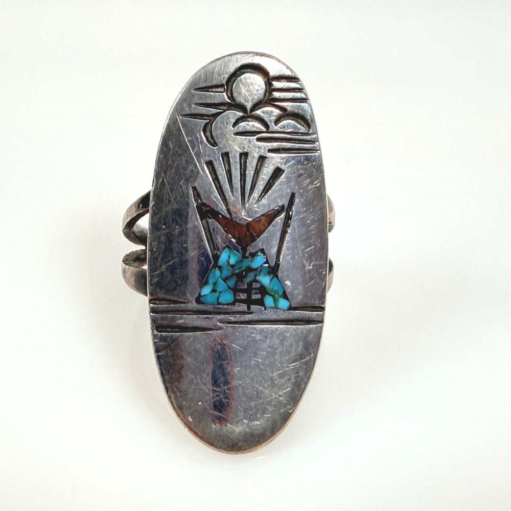 Tommy Singer Vintage Navajo Turquoise Coral Chip Inlay Ring Size 7.5 Signed TC